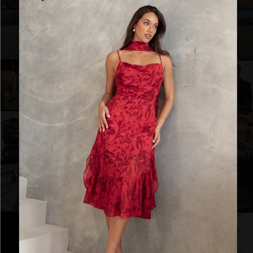 Beautiful red & black floral midi dress, perfect for any special occasion!